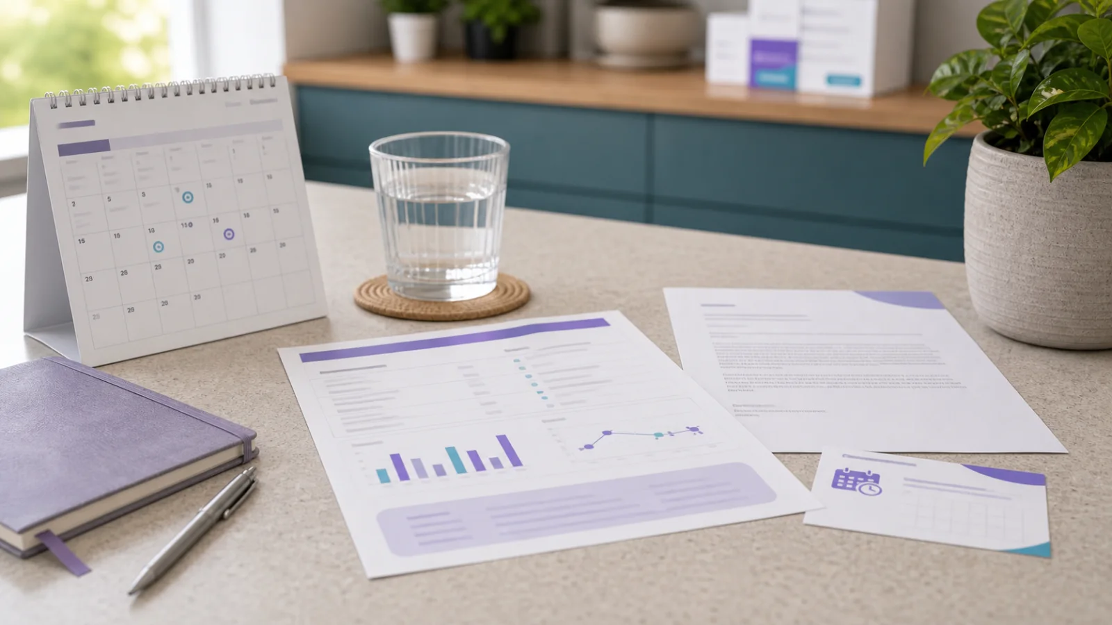Unbranded health monitoring forms and calendar representing blood test review during Mounjaro treatment