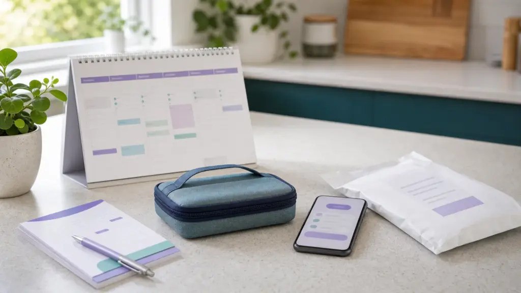 Calendar, reminder cards and delivery pouch representing Mounjaro continuity planning