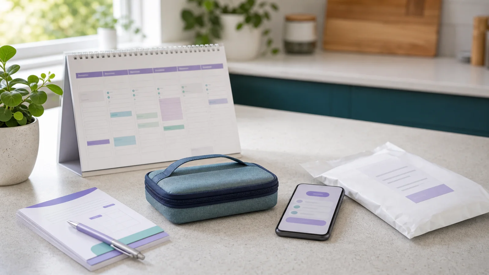Calendar, reminder cards and delivery pouch representing Mounjaro continuity planning