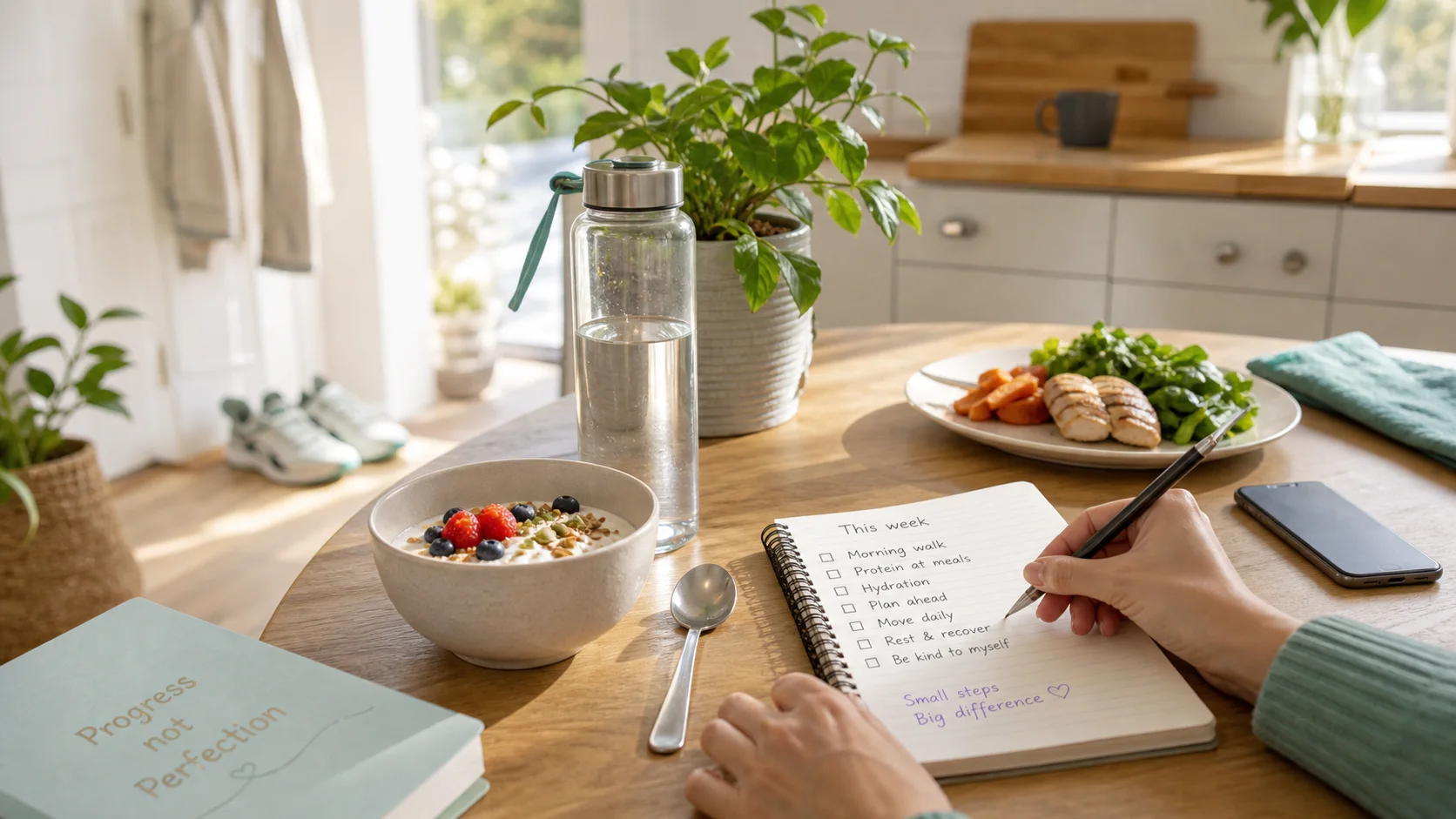 Fresh morning routine with water, simple food and a weekly checklist