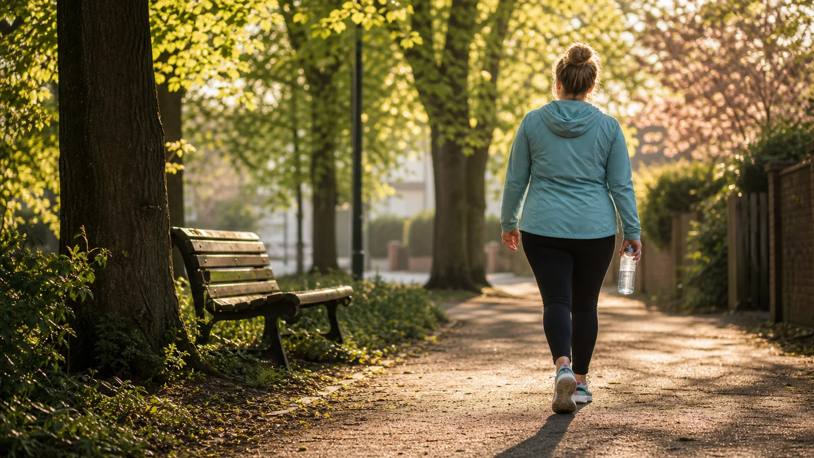 Person walking through a park as part of a gentle movement routine