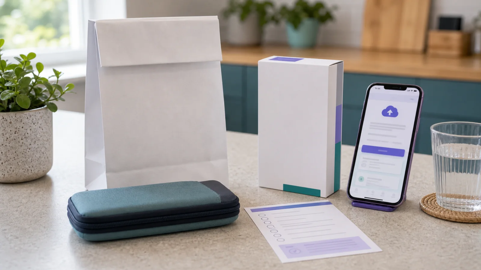 Unbranded pharmacy bag, box and upload checklist representing proof for switching Mounjaro providers