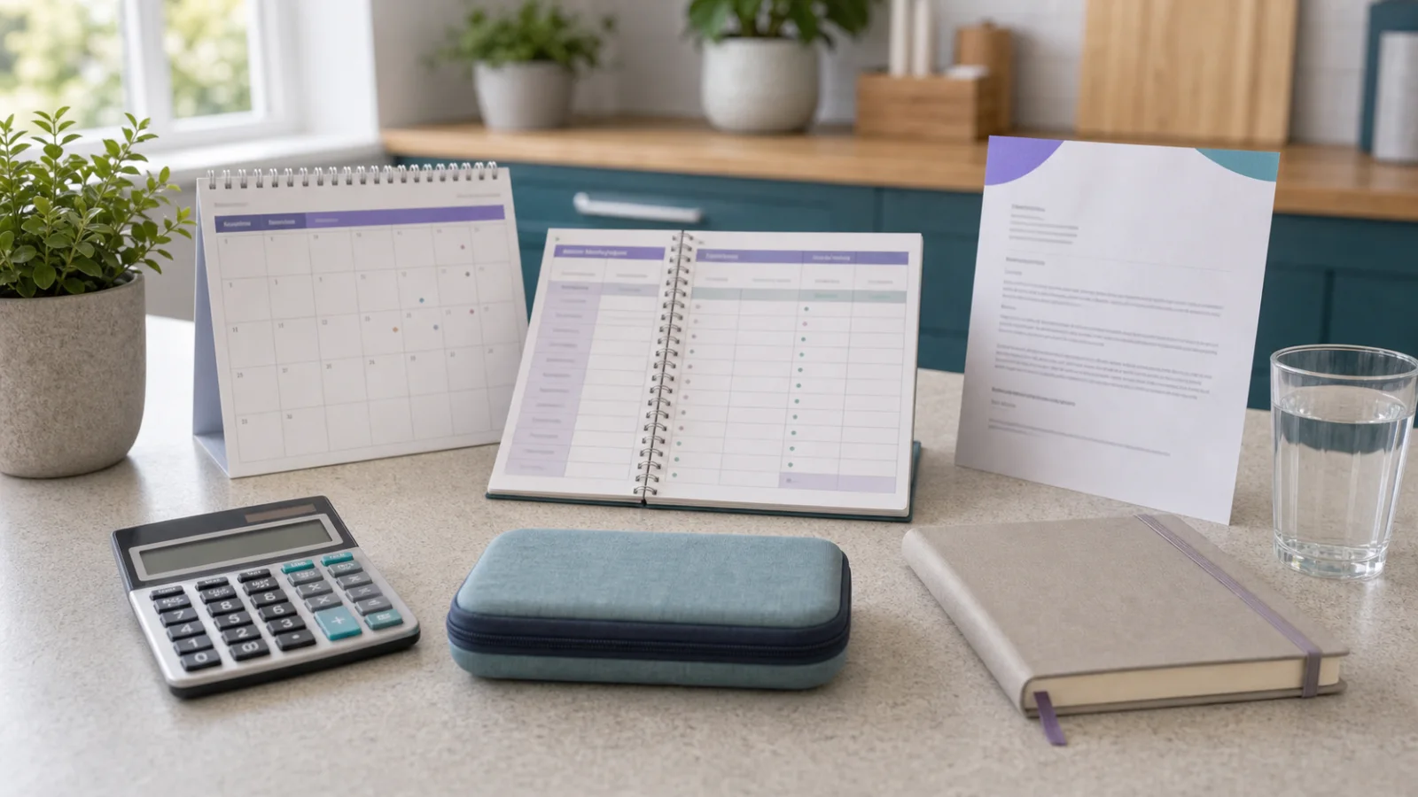 Budget planner, calendar and treatment case representing Mounjaro maintenance planning