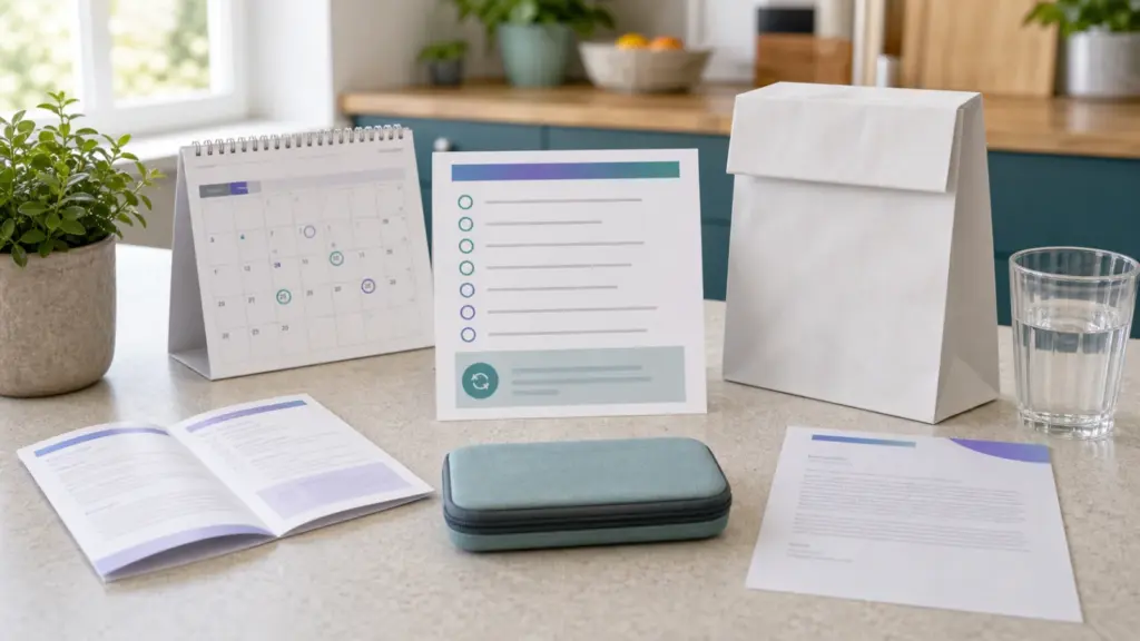 Continuity checklist, calendar and pharmacy bag representing a Mounjaro provider switch